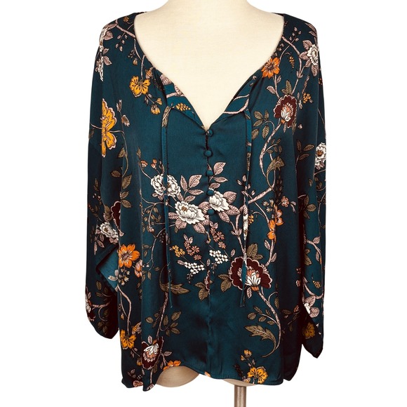 Maurices Tops - Maurices Floral Bell Sleeve Blouse Teal Tie Neck Button Front Women's‎ 2